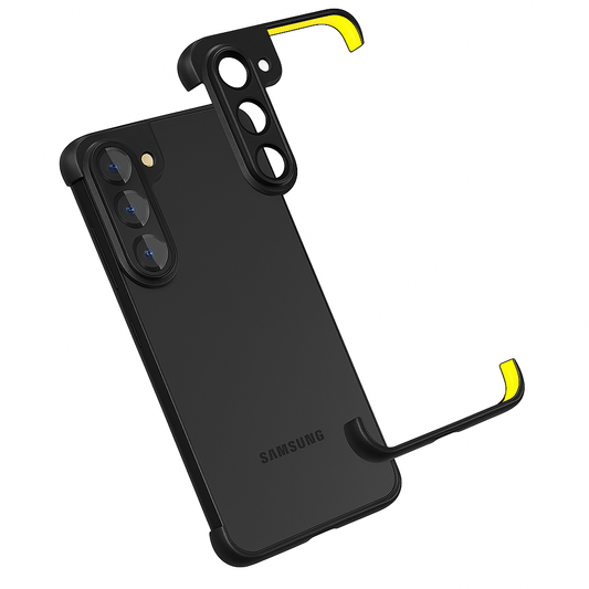Black phone case with yellow accents on a white background