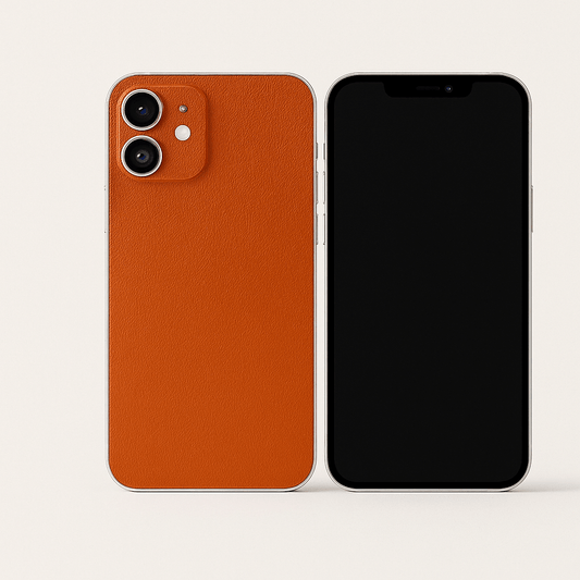 Smartphone with orange leather case on a white background
