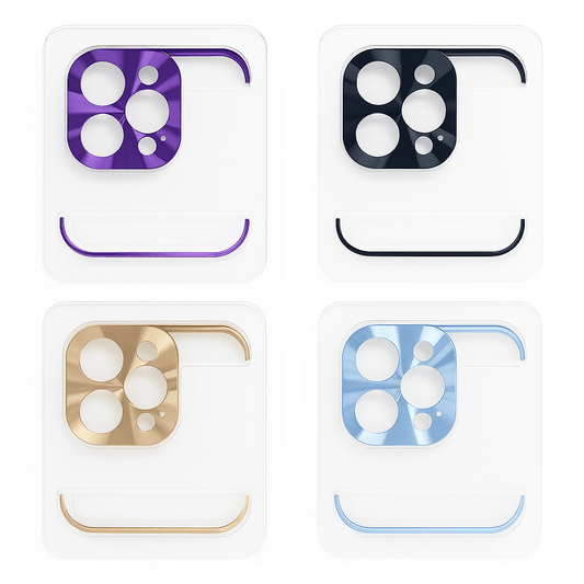 Four different colored camera lens protector options on a white background