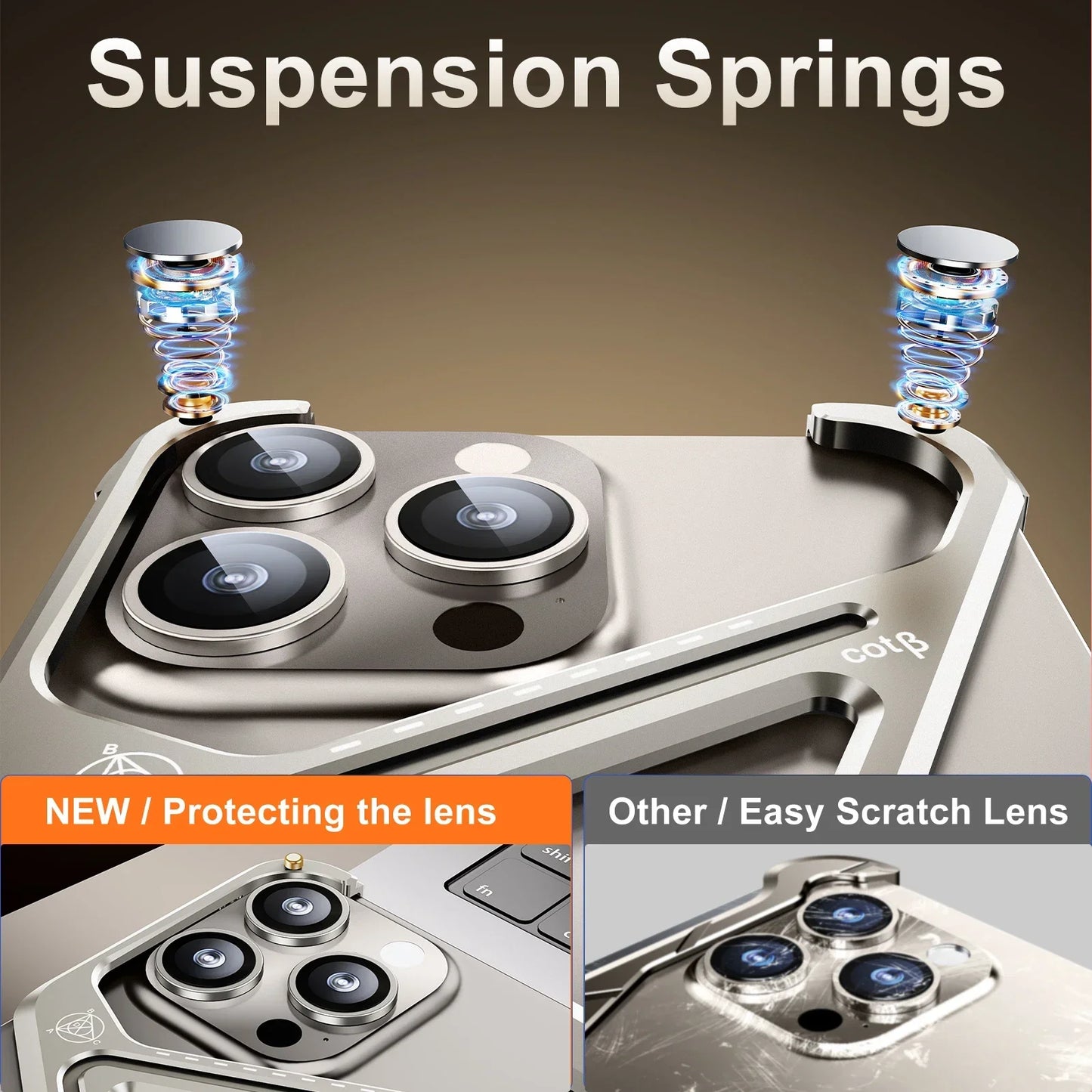 Suspension springs for camera lens protection on a metallic phone case with text indicating features.